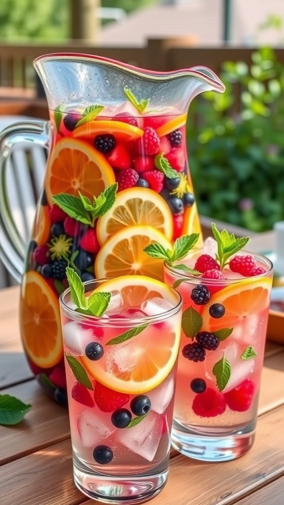 A pitcher of Juicy Infusion Zara with orange, lemon, berries, and mint, served in glasses with ice on a sunny table.